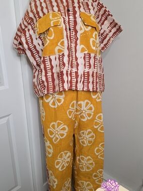 Two-Piece Block Print Set in Mustard Yellow & Rust